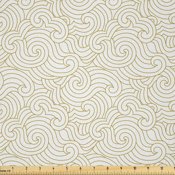 Ambesonne Traditional Fabric by the Yard Microfiber, Swirly Curving Stripes, 2 Yards, Fawn and Off White
