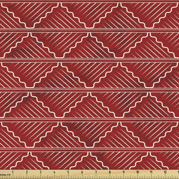 Ambesonne Traditional Fabric by the Yard Upholstery, Japanese Curved Leafage, 1 Yard, Vermilion White
