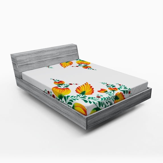Ambesonne Traditional Fitted Sheet, Ornate Japanese, Full Size, Orange Green