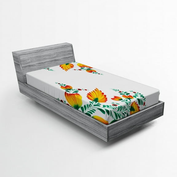 Ambesonne Traditional Fitted Sheet, Ornate Japanese, Twin XL Size, Orange Green