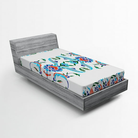 Ambesonne Traditional Fitted Sheet, Ottoman Tulips, Twin Size, Blue Red