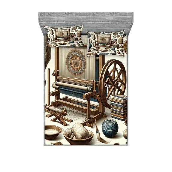 Ambesonne Traditional Fitted Sheet & Pillow Sham Set, Oriental Ethno Artwork, King, Umber Dark Teal Ivory