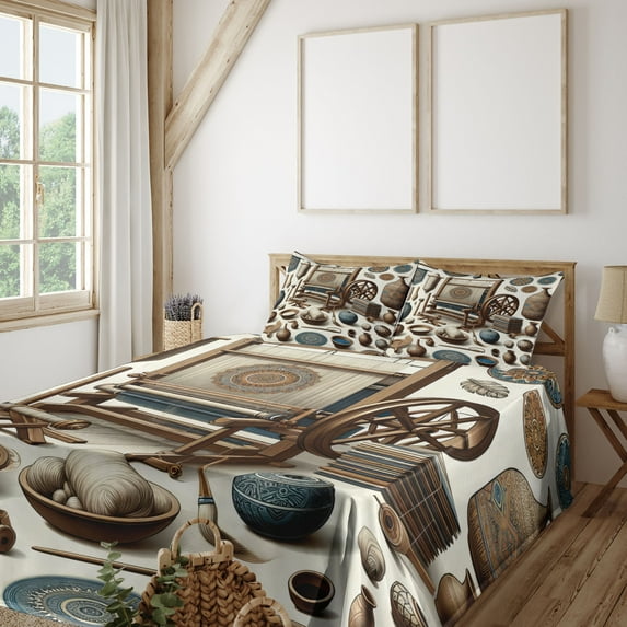 Ambesonne Traditional Fitted & Top Sheet Set with Sham, Oriental Ethno Artwork, Umber Dark Teal Ivory