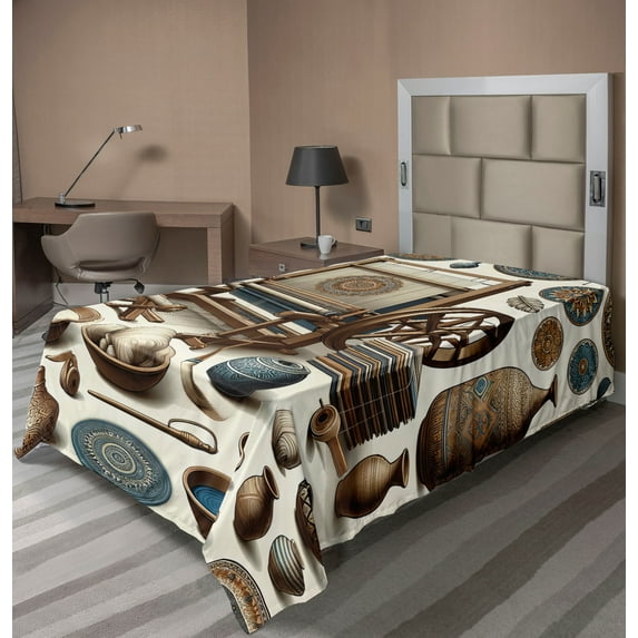 Ambesonne Traditional Flat Sheet, Oriental Ethno Artwork, Twin Size, Umber Dark Teal Ivory