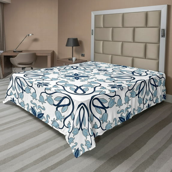 Ambesonne Traditional Flat Sheet, Palace Buds Art Print, King Size, Pale Blue Night Blue