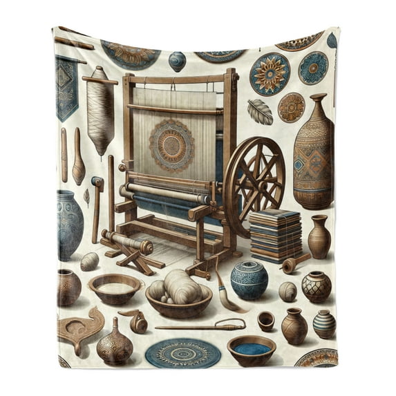 Ambesonne Traditional Fleece Throw Blanket Oriental Ethno Artwork 50"x70" Umber Dark Teal Ivory
