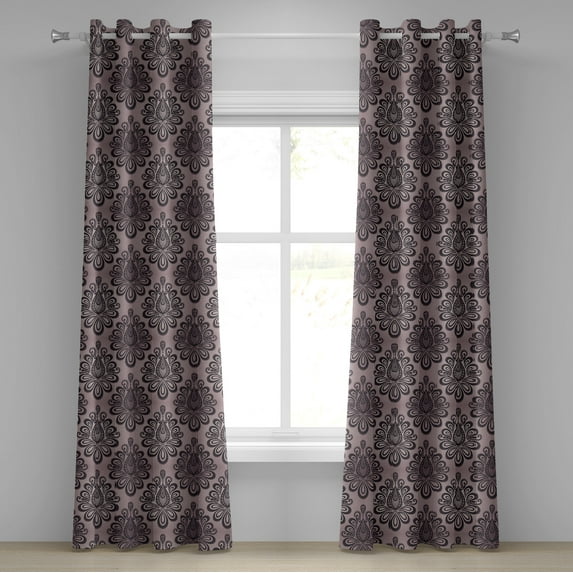 Ambesonne Traditional Grommet Curtain, Damask Black Motifs, 50" x 84", Mauve Charcoal Grey