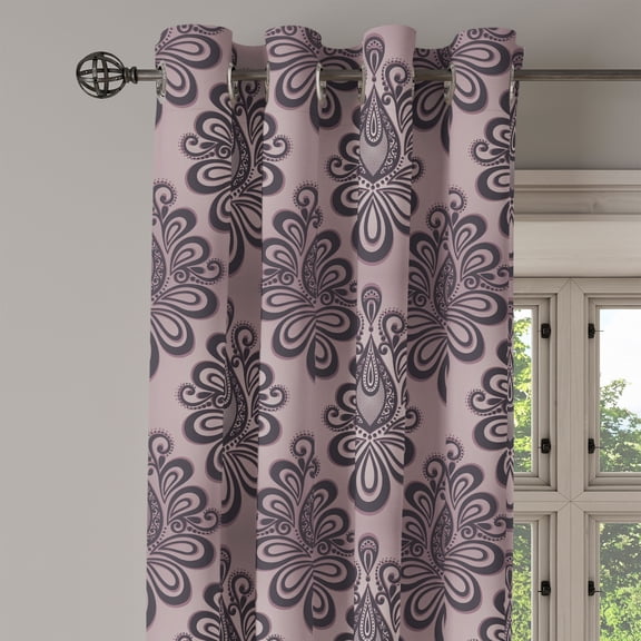Ambesonne Traditional Grommet Curtain Single Panel, Damask Black Motifs, 50"x60", Mauve Charcoal Grey