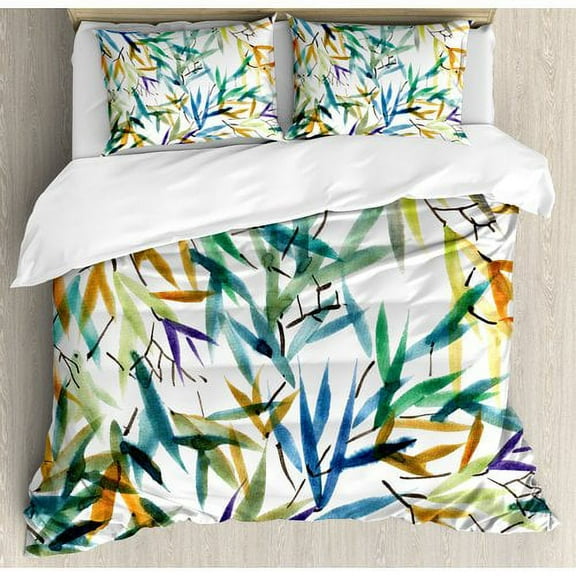 Ambesonne Traditional House Decorative Colorful Bamboo Leaves Hand Drawn Spiritual Plants Picture Duvet Cover Set