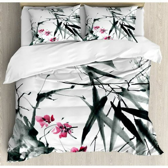 Ambesonne Traditional House Natural Sacred Bamboo Stems Cherry Blossom Folk Art Print Duvet Cover Set