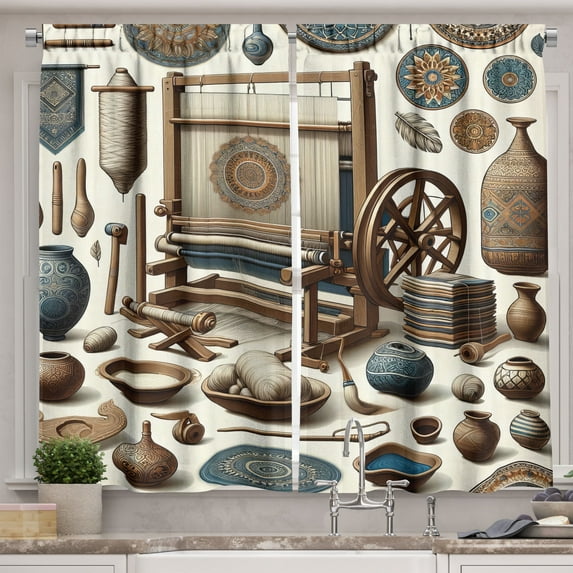 Ambesonne Traditional Kitchen Curtains, Oriental Ethno Artwork, 55"x36", Umber Dark Teal Ivory