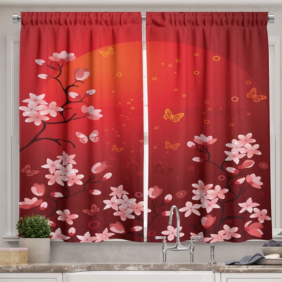 Ambesonne Traditional Kitchen Curtains, Sunset and Sakura Art, 55"x39", Orange Coral Red