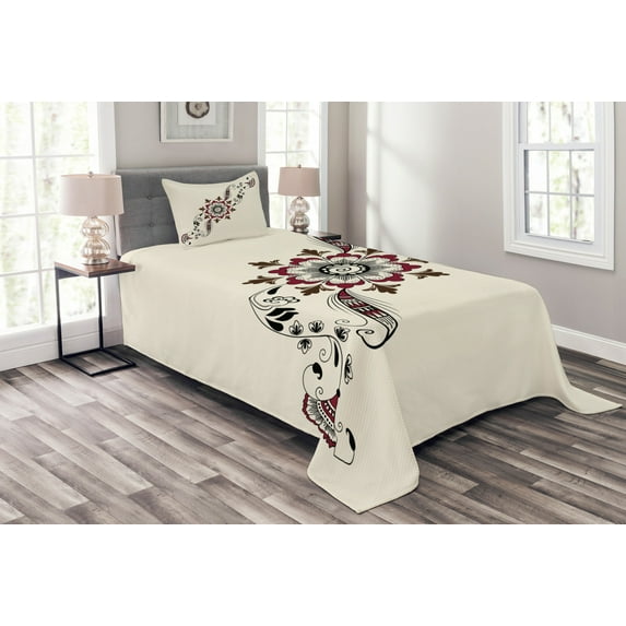 Ambesonne Traditional Quilted Bedspread Set 2 Pcs, Far Eastern Floral Art, Twin Size, Maroon Black and Brown