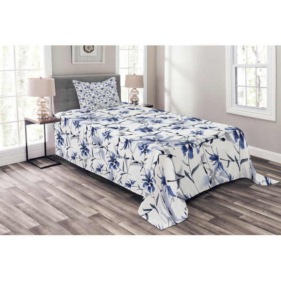 Ambesonne Traditional Quilted Bedspread Set 2 Pcs, Ink, Twin Size, Blue