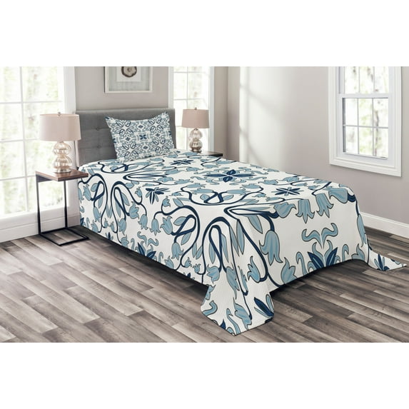 Ambesonne Traditional Quilted Bedspread Set 2 Pcs, Persian Palace Buds, Twin Size, Pale Blue