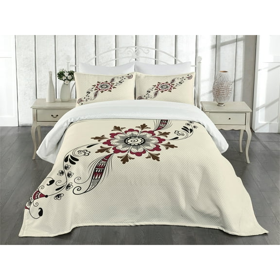Ambesonne Traditional Quilted Bedspread Set 3 Pcs, Far Eastern Floral Art, Queen Size, Maroon Black and Brown