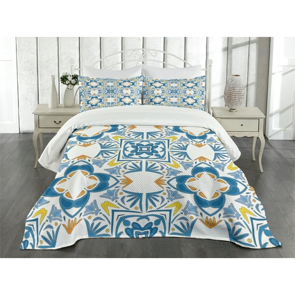 Ambesonne Traditional Quilted Bedspread Set 3 Pcs, Spanish Retro, King Size, Blue