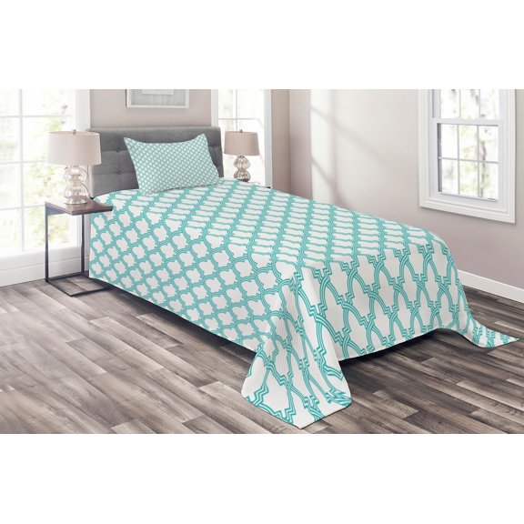 Ambesonne Traditional Quilted Coverlet 2 Pcs, Morroccan Tiles, Twin Size, Turquoise