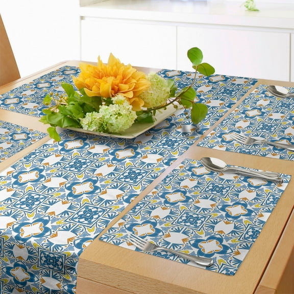 Ambesonne Traditional Table Runner & Placemats, Spanish Retro, Placemat 4 pcs + Runner 12"x90", Blue