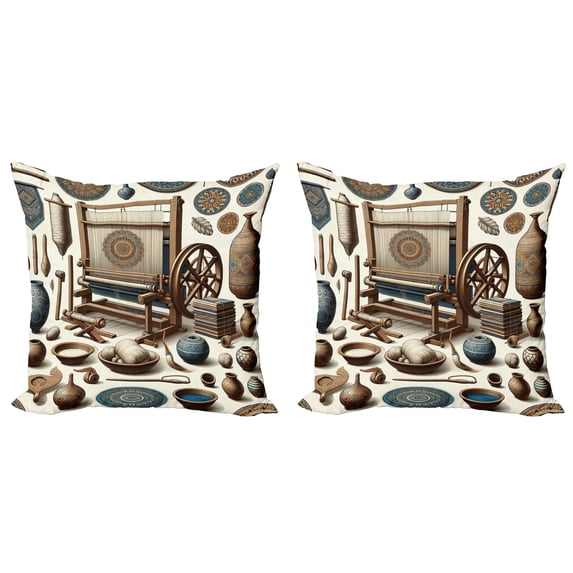 Ambesonne Traditional Throw Pillow Cover 2 Pack, Oriental Ethno Artwork, 20", Umber Dark Teal Ivory