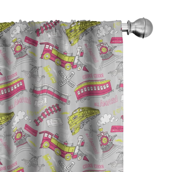 Ambesonne Train Window Curtains, Railway Station Vivid Art, Each 28" W x 63" L, Yellow Green Hot Pink