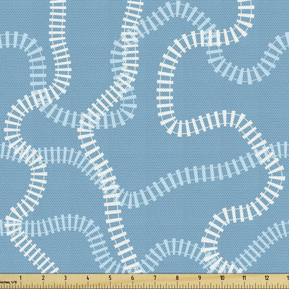 Ambesonne Train Track Fabric by the Yard Upholstery, Swirl Railroads, 5 Yards, Blue Pale Blue White