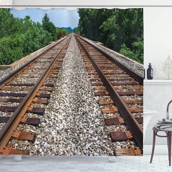 Ambesonne Train Track Shower Curtain, Parallel Railroad Photo, 69"Wx84"L, Multicolor