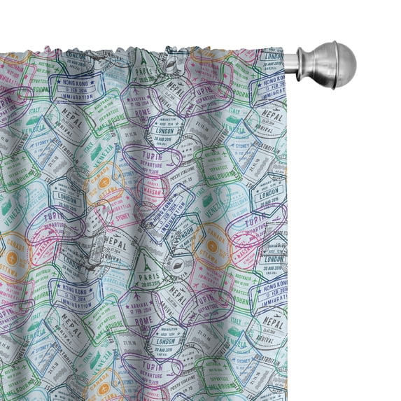 Ambesonne Travel Curtains, Stamps From Countries Art, Pair of 28"x63", Pastel Brown Blue and Green