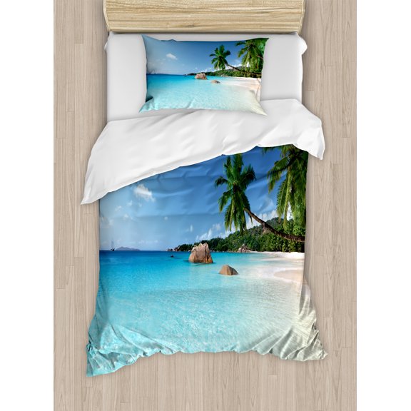 Ambesonne Travel Duvet Cover Sets, Anse Lazio Beach Surf, 2-Twin, Turquoise Blue Green