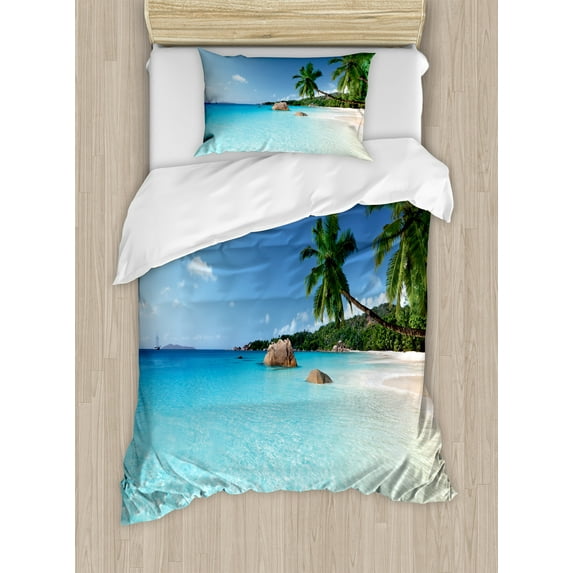 Ambesonne Travel Duvet Cover Sets, Anse Lazio Beach Surf, 2-Twin, Turquoise Blue Green