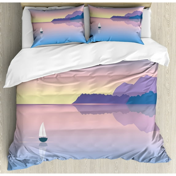 Ambesonne Travel Duvet Cover Sets, Tender Seascape Little Boat, 2-King, Azure Blue Rose