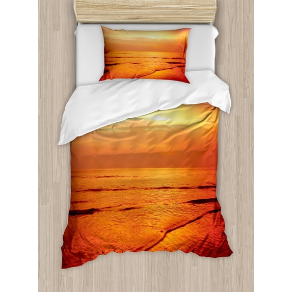 Ambesonne Travel Duvet Cover Sets, Twilight Karon Beach, 2-Twin, Red Yellow