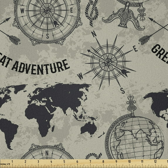 Ambesonne Travel Fabric by the Yard Microfiber, Vintage Adventure Art, 1 Yard, Dusk and Charcoal Grey
