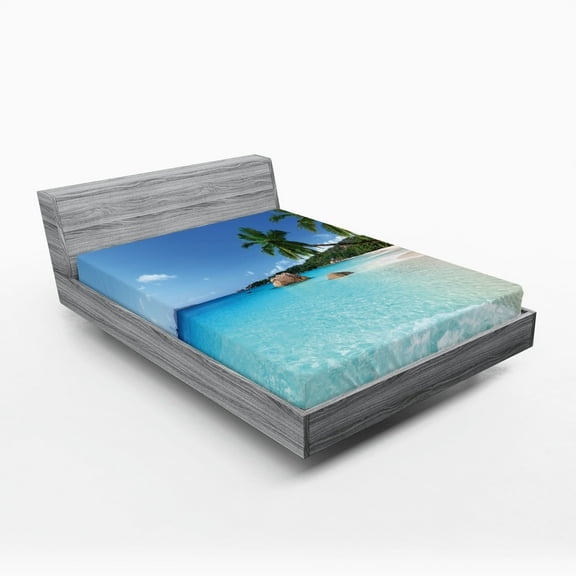 Ambesonne Travel Fitted Sheet 2 Pcs Set, Anse Lazio Beach Surf, Full, Turquoise Blue Green