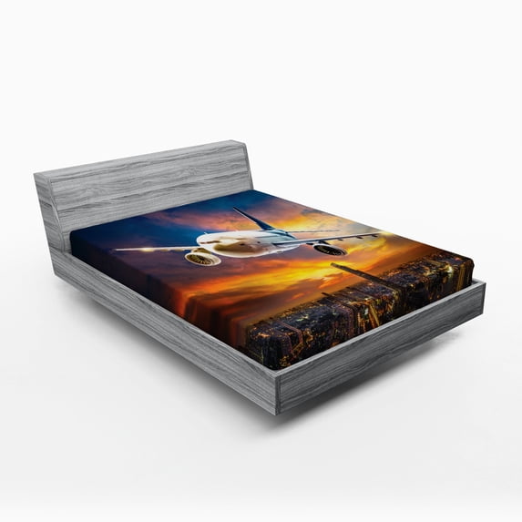 Ambesonne Travel Fitted Sheet, Night Scene with Plane, Full Size, Orange Blue