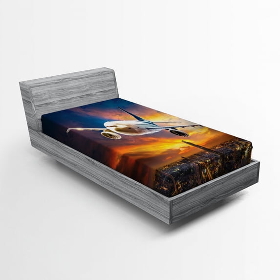 Ambesonne Travel Fitted Sheet, Night Scene with Plane, Twin Size, Orange Blue