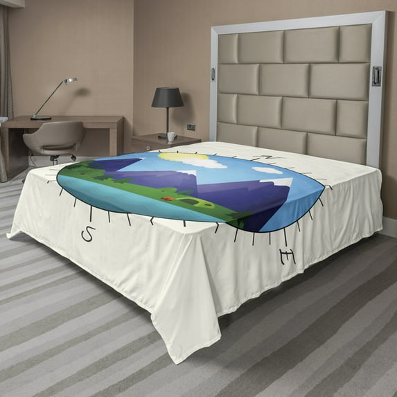 Ambesonne Travel Flat Sheet, Adventurous Compass Design, King Size, Eggshell Multicolor