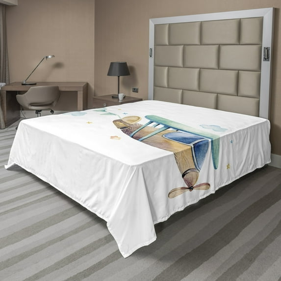 Ambesonne Travel Flat Sheet, Airplane Cloud Stars, Queen Size, White Multicolor