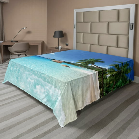 Ambesonne Travel Flat Sheet, Anse Lazio Beach Surf, California King, Turquoise Blue Green