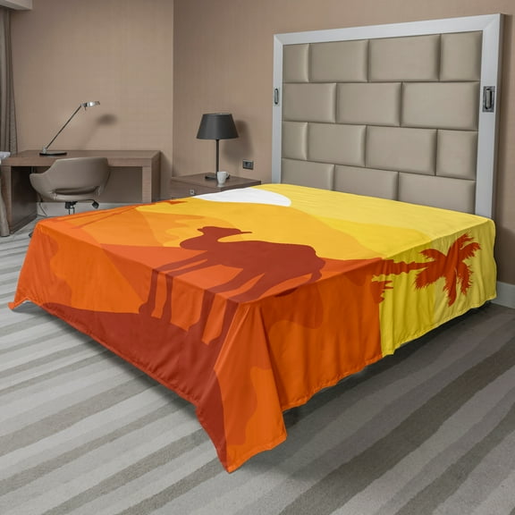 Ambesonne Travel Flat Sheet, Camel Orange Monochrome Art, California King, Yellow and Orange