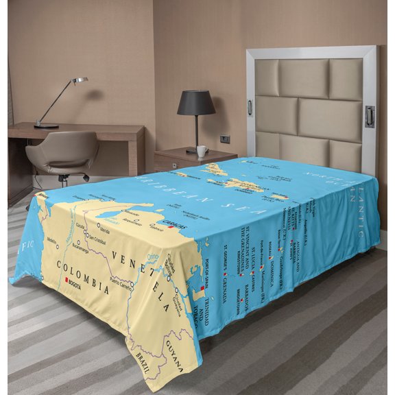 Ambesonne Travel Flat Sheet, Caribbean Capitals Map, Twin Size, Ivory Blue