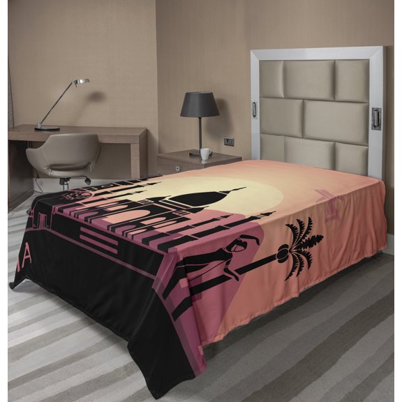 Ambesonne Travel Flat Sheet, Dreamy Historic Landscape, Twin Size, Grey and Coral