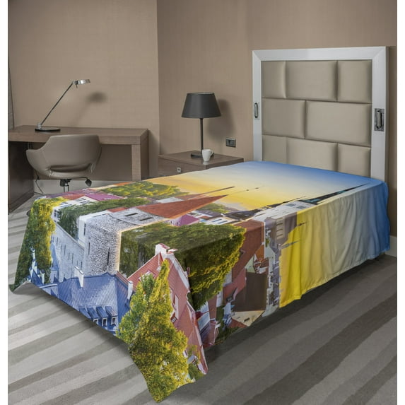 Ambesonne Travel Flat Sheet, Estonia Historic Town Sunset, Twin Size, Multicolor