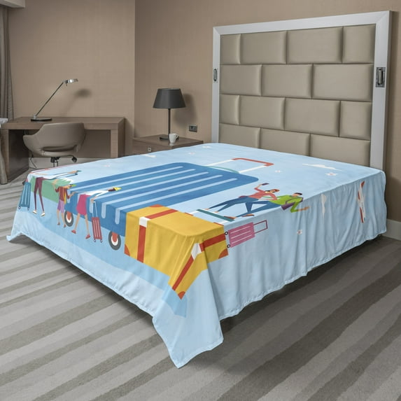 Ambesonne Travel Flat Sheet, Families Off to a Vacation, King Size, Pale Blue and Multicolor