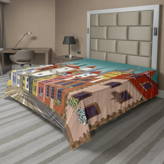 Ambesonne Travel Flat Sheet, Historic European Houses, Queen Size, Teal Multicolor