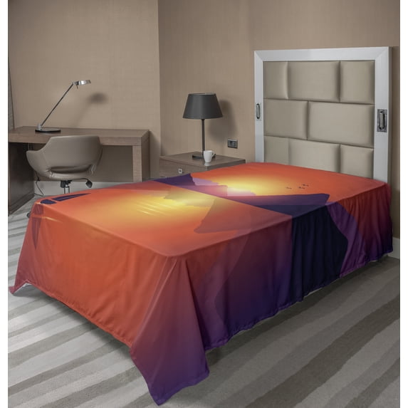 Ambesonne Travel Flat Sheet, Lonely Sailboat at Sunset, TwinXL Size, Burnt Sienna Dark Purple