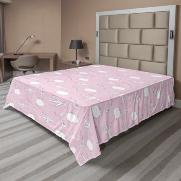 Ambesonne Travel Flat Sheet, Luggage Suitcase Passport, King Size, Pale Pink White