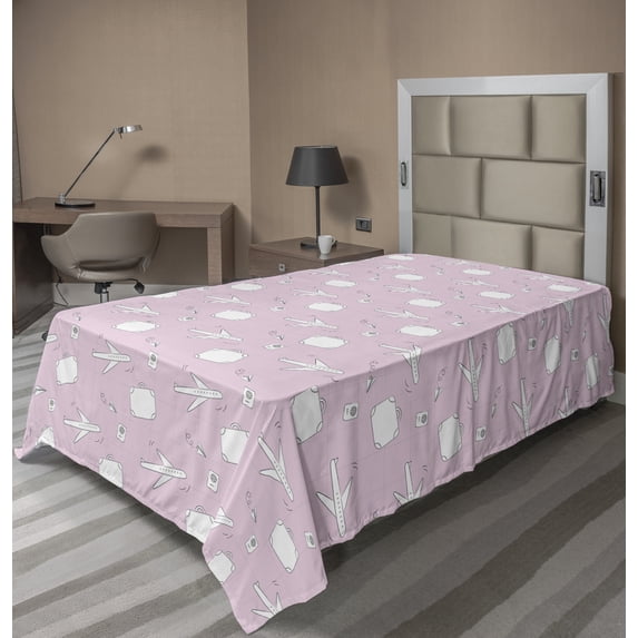 Ambesonne Travel Flat Sheet, Luggage Suitcase Passport, TwinXL Size, Pale Pink White