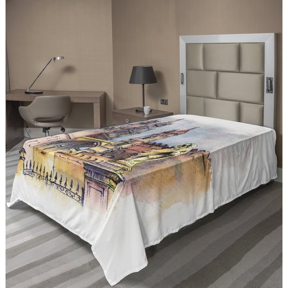 Ambesonne Travel Flat Sheet, Monument in Palermo Sicily, TwinXL Size, Multicolor