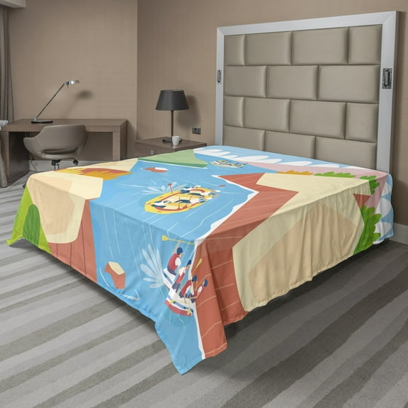 Ambesonne Travel Flat Sheet, Rafting on River Cartoon, California King, Multicolor